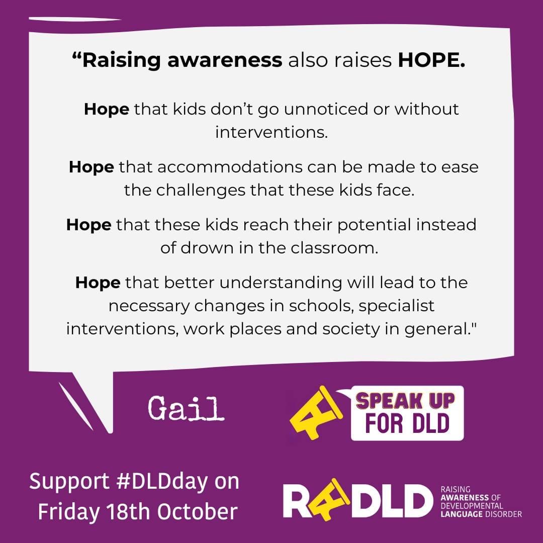 RADLDcam's tweet photo. DLD (developmental language disorder) is a difficulty with using and understanding words and sentences. People with DLD often do not get the support they need. Let's begin by learning about DLD from people with DLD and their families! DLD day is Oct 18! @RADLDcam #DLDday https://t.co/3MICl01mov