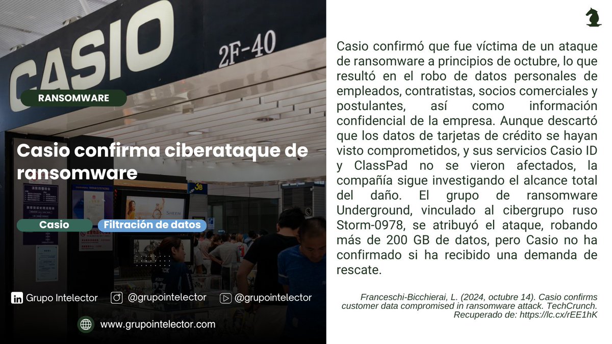 GIntelector's tweet image. Casio confirma ataque de ransomware. Datos de empleados y clientes comprometidos. Se sigue investigando el impacto. ¿Tu empresa está preparada para un ataque así? 🔐
Nota completa: lc.cx/rEE1hK
#Ciberseguridad #Ransomware #Casio #Intelector
