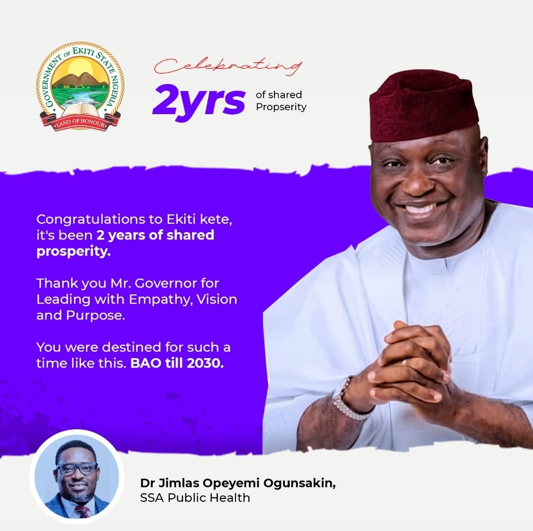 Congratulations His Excellency <a href="/biodunaoyebanji/">Biodun Oyebanji</a>. It's been 2years of shared prosperity, Purposeful leadership and peaceful governance <a href="/ekitistategov/">Government of Ekiti State</a>. #BAOTill2030