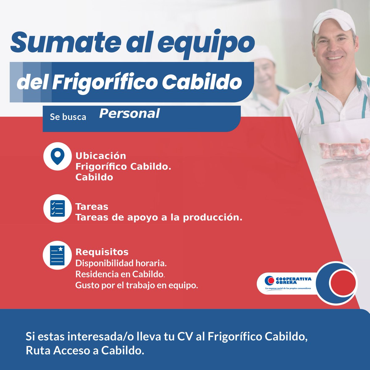 InfoCabildo's tweet photo. ¡Nueva búsqueda para Cabildo y zona! 

Postulate o compartilo si conocés a alguien que cumpla los requisitos
​
#Cabildo #OportunidadLaboral #busquedaslaborales
#empleo #trabajos #cooperativaobrera https://t.co/dXTJXTAbnr