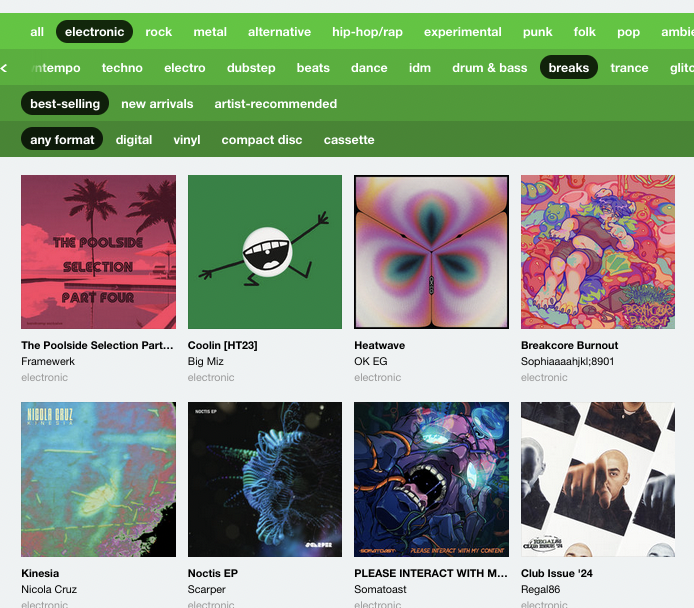 sophia_hjkl's tweet photo. Breakcore Burnout on the front page of Bandcamp rn for both Glitch and Breaks AND in the top 4 best selling on the breakcore tag rn and its not even out yet UWU https://t.co/9xof1gKj6j