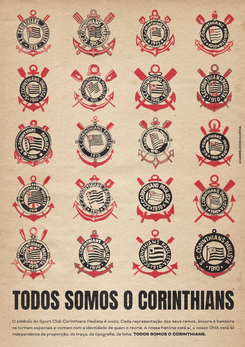 O símbolo do CORINTHIANS é único. Cada representação dos seus remos, âncora e bandeira os tornam especiais e contam com a identidade de quem o recria.
A nossa história e o nosso DNA estão aí! Independente da proporção, do traço, da tipografia: TODOS SOMOS O CORINTHIANS 🏴🏳️