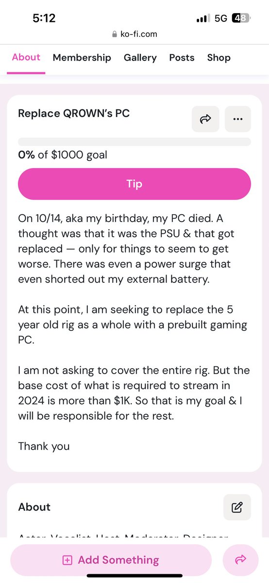 CritBard's tweet image. New PC time 😩

Just to make it clear — definitely not asking for help for everything. Looking to offset costs ultimately. As a content creator, I will have nothing without my rig.

I hate that the hits happen like this but it is what it is.

Thank you.
ko-fi.com/QR0WN