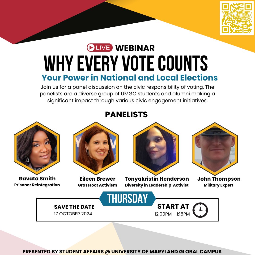 UMGCAlumni's tweet image. Join us tomorrow for this online panel discussion with UMGC students and alumni on the importance of voting and why every vote counts! Register here: bit.ly/4eBwFGd. #UMGCvotes