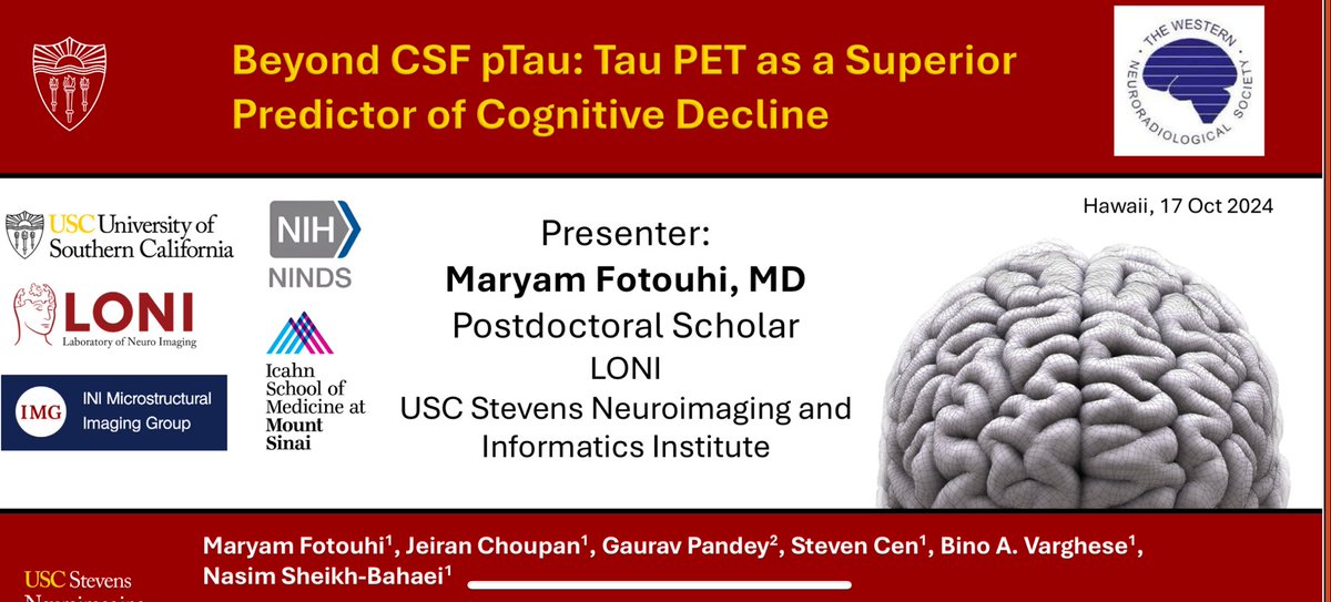 Nasim (@nasimshbahaei) on Twitter photo So proud of my postdoc <a href="/Maryamfotouhi11/">Maryam Fotouhi</a> who will present at #WNRS2024 on Saturday October 17th! #alzheimer #TAU #Mentorship #dementia #neuroradiology
#WNRS <a href="/wnrsociety/">The Western Neuroradiological Society</a> <a href="/RadiologyUSC/">Radiology of USC</a> <a href="/KeckMedicineUSC/">Keck Medicine of USC</a> So proud of my postdoc <a href="/Maryamfotouhi11/">Maryam Fotouhi</a> who will present at #WNRS2024 on Saturday October 17th! #alzheimer #TAU #Mentorship #dementia #neuroradiology
#WNRS <a href="/wnrsociety/">The Western Neuroradiological Society</a> <a href="/RadiologyUSC/">Radiology of USC</a> <a href="/KeckMedicineUSC/">Keck Medicine of USC</a>