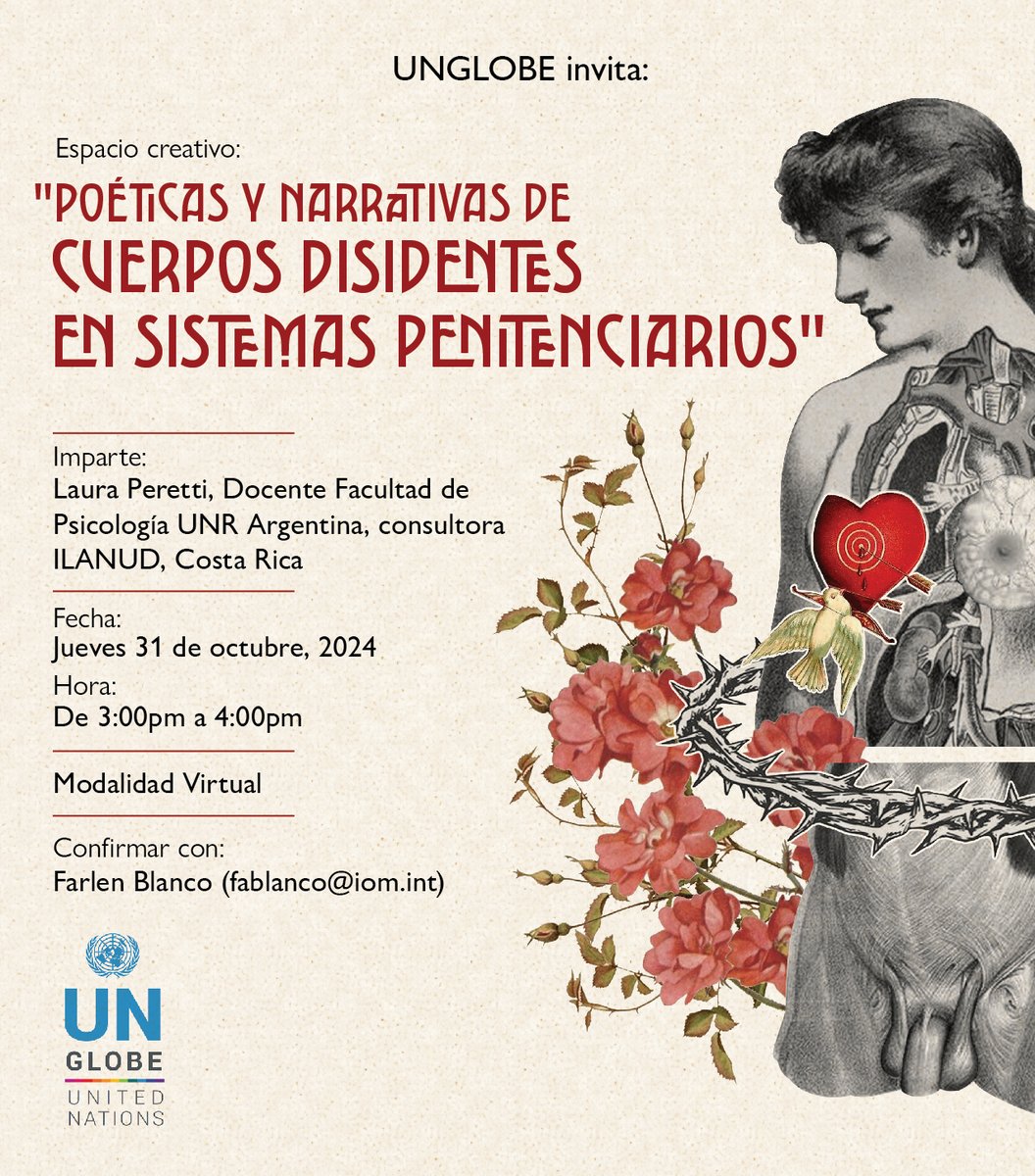 Desde el equipo UNGLOBE les queremos invitar a un espacio creativo para reflexionar sobre poéticas y narrativas de cuerpos disidentes en sistemas penitenciarios. Con la participación de Laura Peretti, psicóloga y consultora del ILANUD. Inscripción en forms.office.com/e/U57PDNWfLj