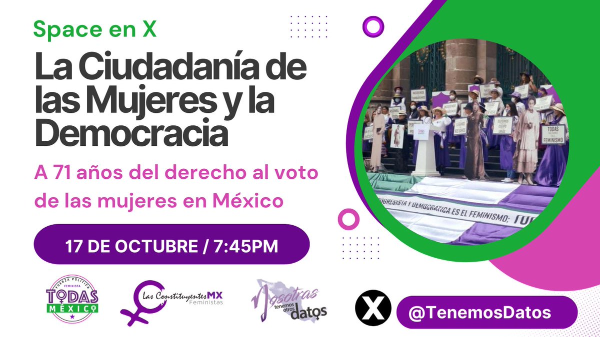 📣 Nos escuchamos este 17 de octubre a las 7:45pm por Space para hablar sobre Ciudadanía y Democracia a 71 años del voto de las mujeres👇🏾 x.com/i/spaces/1eaKb…
