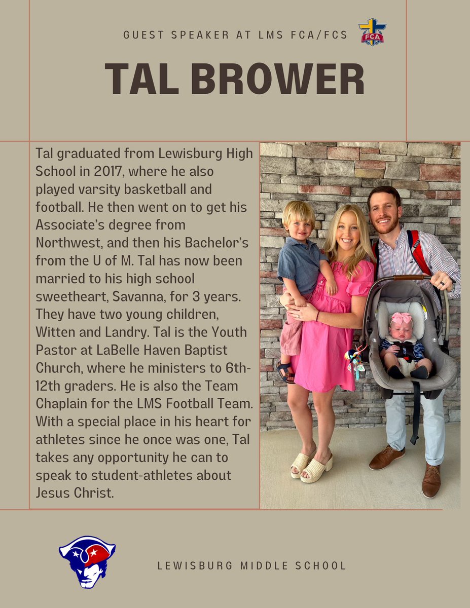 LMS_GirlsBball's tweet photo. Lewisburg Alumni, Tal Brower, is speaking at FCA tomorrow! Itβs going to be a great message, you donβt want to miss it! ππ»
#FCA #LMSPATS https://t.co/XrTFcstBGp
