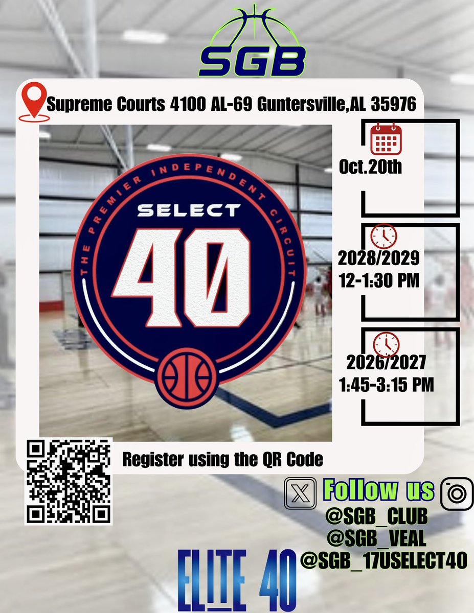 Calling all 2029’s, 2028’s, 2027’s and 2026’s. SGB fall evaluations are just 4 days away, use QR code to pre register.