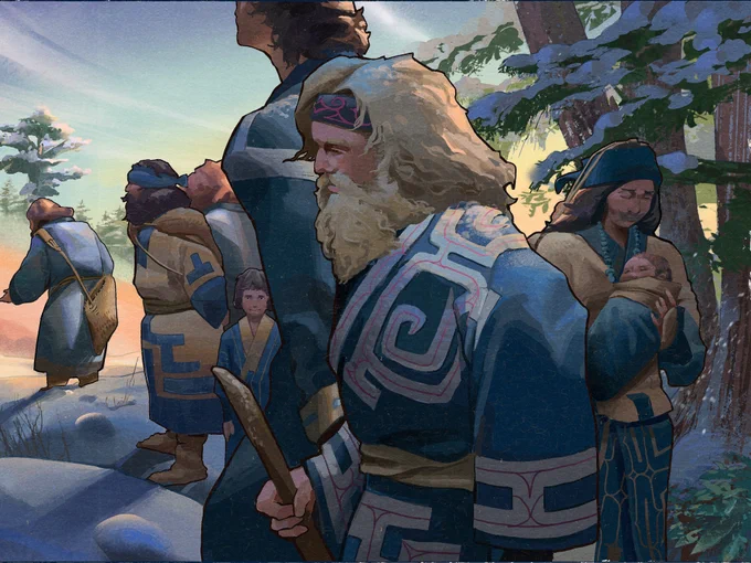 I want to work on something historical so I made this painting of Ainu people and a baby bear 