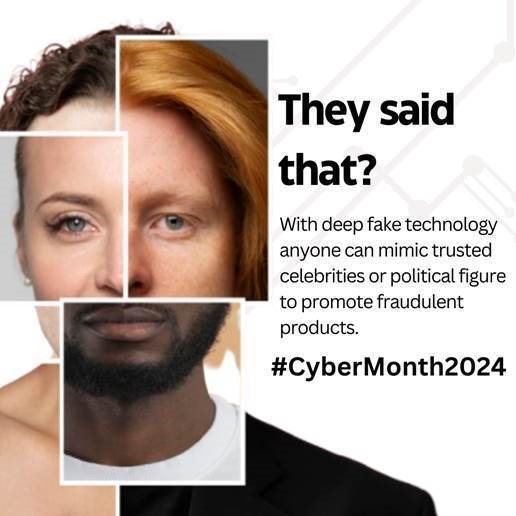 🚨Beware of Deepfakes used to impersonate celebrities. Protect yourself from sextortion, account compromise and other Social Media Frauds this Cyber Awareness Month! Stay vigilant! For more details visit: antifraudcentre-centreantifraude.ca/features-vedet… #CyberSecurity #GetCyberSafe #CyberMonth2024
