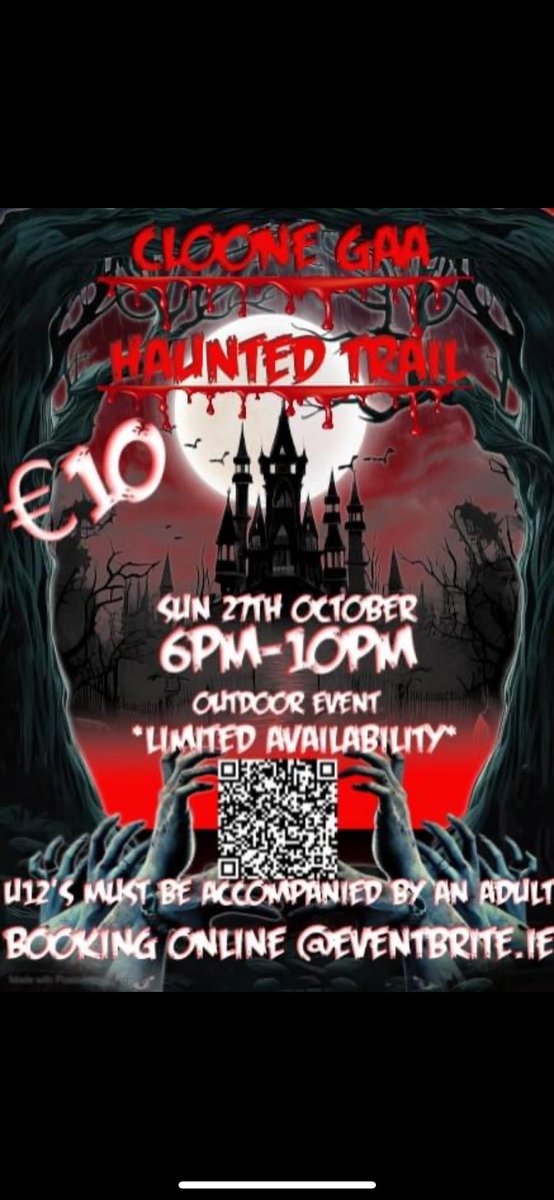 Less than 2 Weeks until our annual Halloween trail. Slots must be booked online on Eventbrite. When you book online you can choose your preferred time slot. 
Book now to avoid disappointment.

Please Share!!!

eventbrite.ie/e/cloone-haunt…