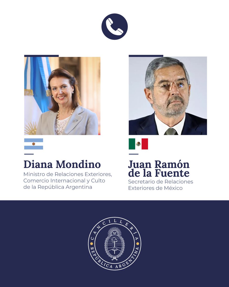 La Canciller Diana Mondino mantuvo un llamado telefónico con su par de México, Juan Ramón de la Fuente, a quien felicitó por su reciente designación. 

En este primer contacto, ambos cancilleres repasaron diferentes aspectos de la agenda bilateral, tanto política como