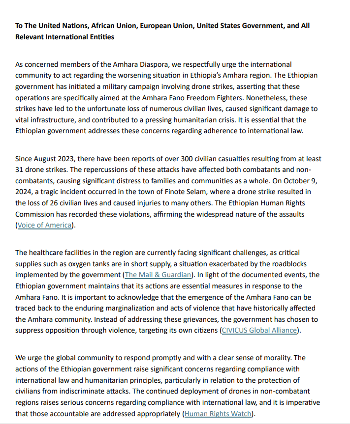 amorawwub's tweet photo. The Ethiopian gov't's drone strikes in Amhara have led to civilian deaths & a humanitarian crisis. We urge the @UN, @_AfricanUnion, @EU_Commission @StateDept  to act now. Read the full letter & join us in advocating for accountability and humanitarian support. @antonioguterres @MikeHammerUSA @hrw @EUinEthiopia @USEmbassyAddis @UKinEthiopia @amnesty  

https://t.co/qvwKo7VasO