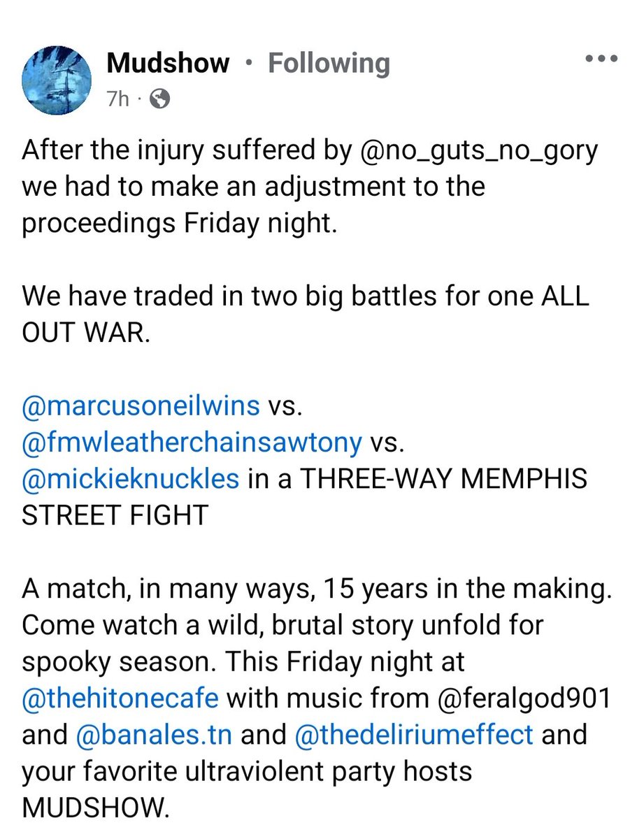TonyMyers74's tweet photo. FMW Learher vs. Mickie Knuckles s vs. Marcus 'O Neal. 3-Way Memphis Streetfight D3athmatch!!! THIS FRIDAY!!!!!! This will be INSANE... https://t.co/AHxX2ZEgxm