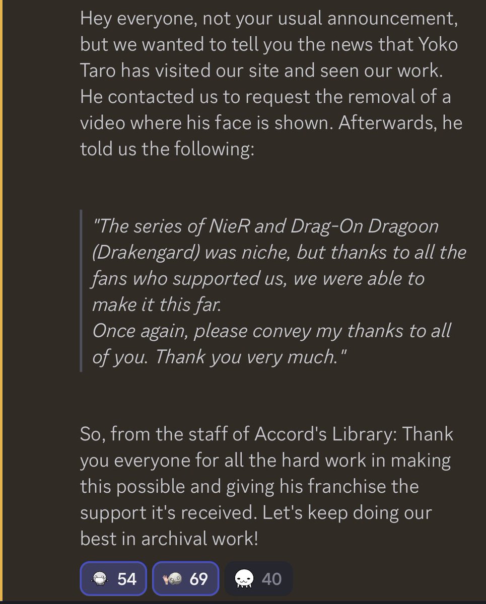 mintdrakenier's tweet photo. devastating news for drakenier community 🙁 accord’s library will be shutting down within the next two weeks — keep in mind that this is despite the fact that yoko taro himself is okay with and grateful for the website and its content

apologies for the really sad announcement https://t.co/75DOyHvyfp