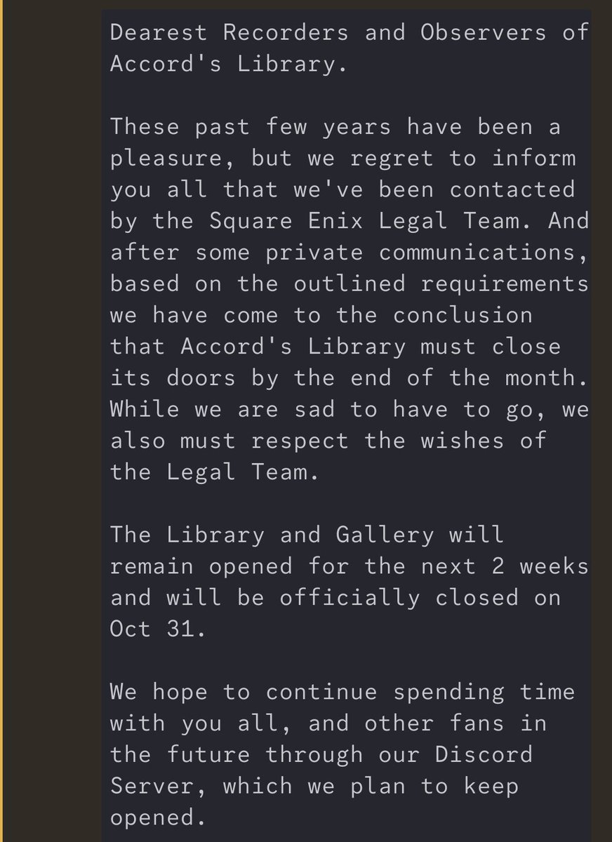 mintdrakenier's tweet photo. devastating news for drakenier community 🙁 accord’s library will be shutting down within the next two weeks — keep in mind that this is despite the fact that yoko taro himself is okay with and grateful for the website and its content

apologies for the really sad announcement https://t.co/75DOyHvyfp