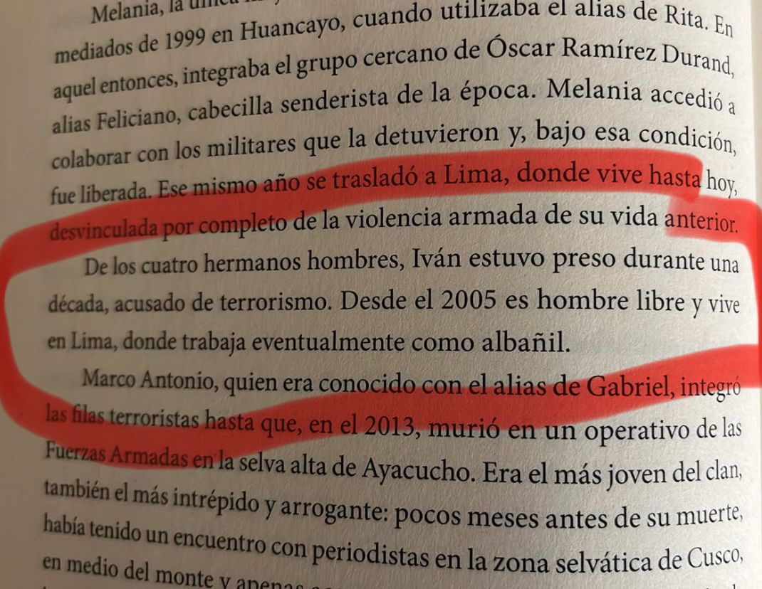 Epicentro_TV's tweet photo. 🚨Extracto del libro El Camarada Jorge del periodista investigador @erreleon El Camarada Jorge que confirma que Iván Quispe Palomino pagó una condena y desde el 2005 está libre y ejerce trabajos como albañil. Su nombre no aparece en los organigramas de Sendero Luminoso. https://t.co/priL6G7pRn