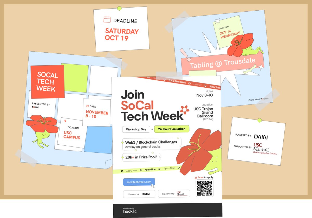 🚀 SoCal Tech Week is coming up!
🗓️ Nov 8-10 @ USC Trojan Grand Ballroom
Workshops + 24-hour Hackathon—Open to ALL experience levels!

📅 Deadline to apply: Oct 19
🔗 Apply here: [tinyurl.com/hacksc-sctw]