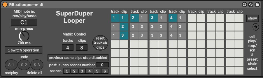 Less than a week til the SuperDuper Looper M4L plugin is released: October 20th, 2024, at reactivebacking.com 

Infinite loop-sequencing, auto preset-changing, clip and scene management using Just One Button and it's free!

Til Sunday, I'll be polishing the plugins!