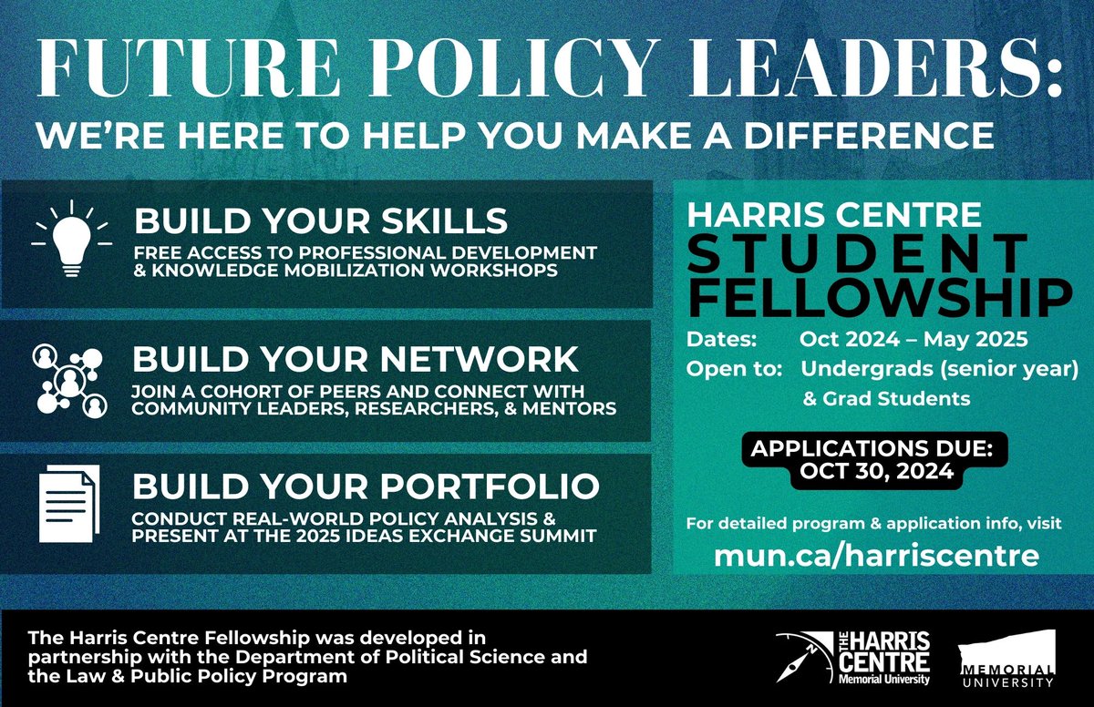 Memorial Politics (@memorialpolisci) on Twitter photo 🚨ATTN: Students interested in public policy🚨
The Harris Centre is offering a student fellowship. Click here for info: mun.ca/harriscentre/s…
Application deadline 30th October
<a href="/harriscentre/">Harris Centre</a> <a href="/memorialhss/">Faculty of Humanities & Social Sciences, Memorial</a> <a href="/MUNSociology/">MUN Sociology</a> <a href="/MUNGeog/">MUN Geography</a> <a href="/ECON_MUN/">Department of Economics</a> 🚨ATTN: Students interested in public policy🚨
The Harris Centre is offering a student fellowship. Click here for info: mun.ca/harriscentre/s…
Application deadline 30th October
<a href="/harriscentre/">Harris Centre</a> <a href="/memorialhss/">Faculty of Humanities & Social Sciences, Memorial</a> <a href="/MUNSociology/">MUN Sociology</a> <a href="/MUNGeog/">MUN Geography</a> <a href="/ECON_MUN/">Department of Economics</a>
