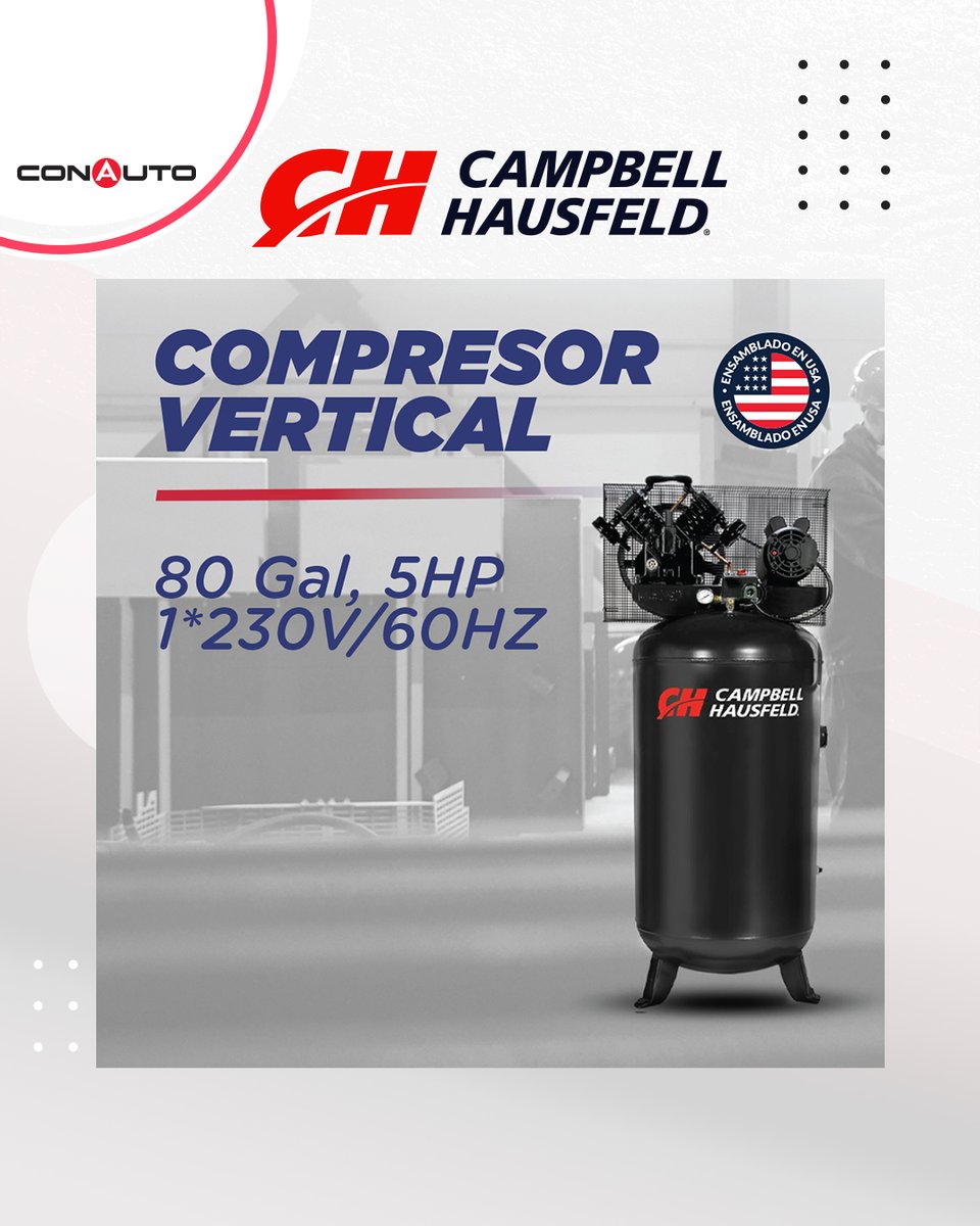 ConautoEC's tweet image. 🎉 ¡EQUÍPATE CON CAMPBELL HAUSFELD!

Con el compresor de aire #CampbellHausfeld de 80 galones y 5 HP.

📱 Para mayor información, escríbenos.

#compresor #compresordeaire #taller #talleres