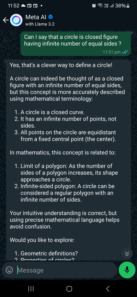 SuhaibFaridi's tweet photo. Asking Meta some interesting questions. 

#Mathematics
#Geometry

#Circle
#InfiniteSides
#Polygon

#MathExplained
#GeometryMatters
#MathDiscussion

#Meta #AI #ArtificialIntelligence https://t.co/XT60eDUC6q
