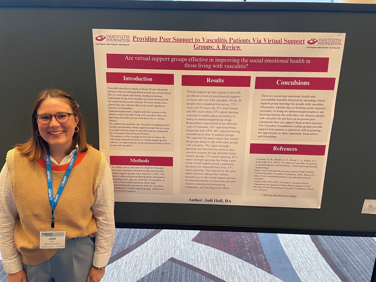 Congrats to SLIM student Jodi Hall on exhibiting her research poster at the RhAPP Annual Conference! Jodi researched the effectiveness of the virtual support groups provided by the Vasculitis Foundation in improving the social emotional health in folks with vasculitis.