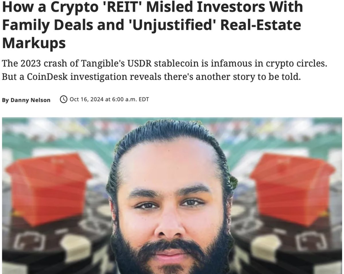 Investors in failed crypto real-estate stablecoin USDR have already waited 12 months to get their money back. My latest investigation examines how family deals and secret markups at <a href="/tangibleDAO/">Tangible 🏠💙</a> may have cost them millions already. 

1/15