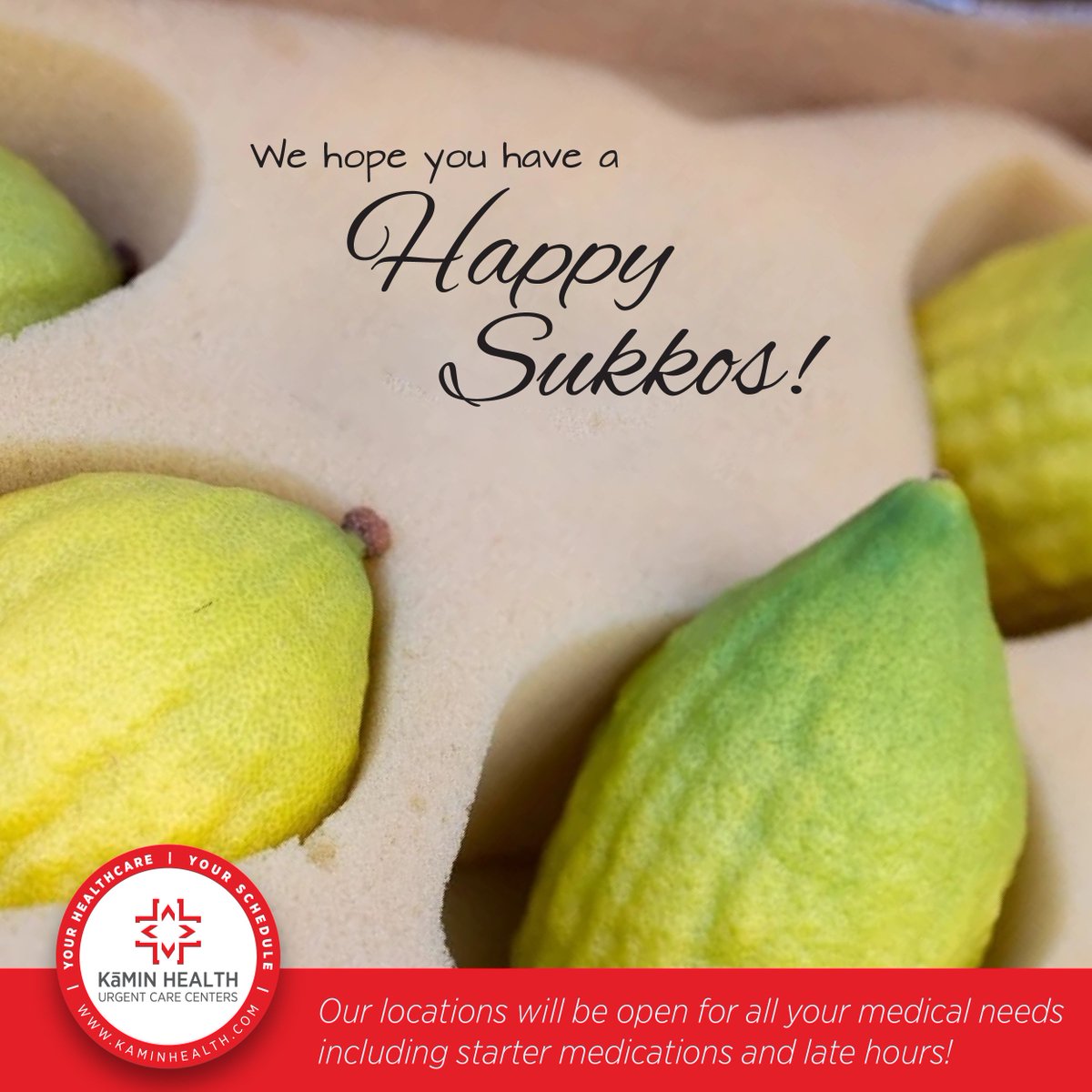 Have a Happy Sukkos!
We'll be open for any urgent medical needs, with late hours and starter meds.