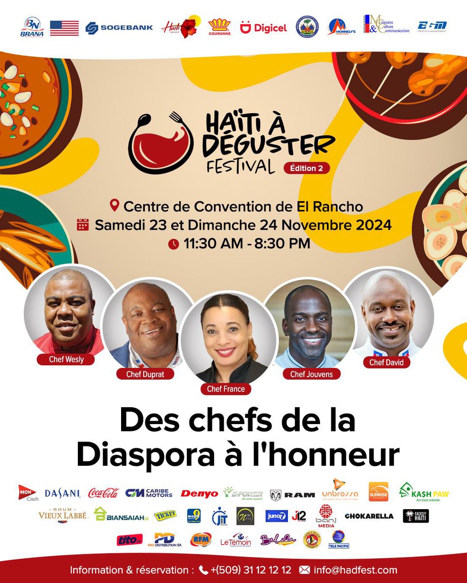 TICKETmaghaiti's tweet photo. 5 chefs issus de la diaspora participeront au lancement de la 2ème édition du festival culinaire *HAITI À DEGUSTER* . Rejoignez-nous : *les samedi 23 et dimanche 24 Novembre* au centre de convention de El Rancho pour cette belle expérience.
.
🚗🌟 #hadfest #🍽️🇭🇹🇺🇸 #HaïtiÀDéguster #GagnezEnParticipant #HADFest #HaitiADeguster #Cocktails #Haiti #DécouverteGustative #FestivalCulinaire #CuisineTraditionnelle @hadfestival