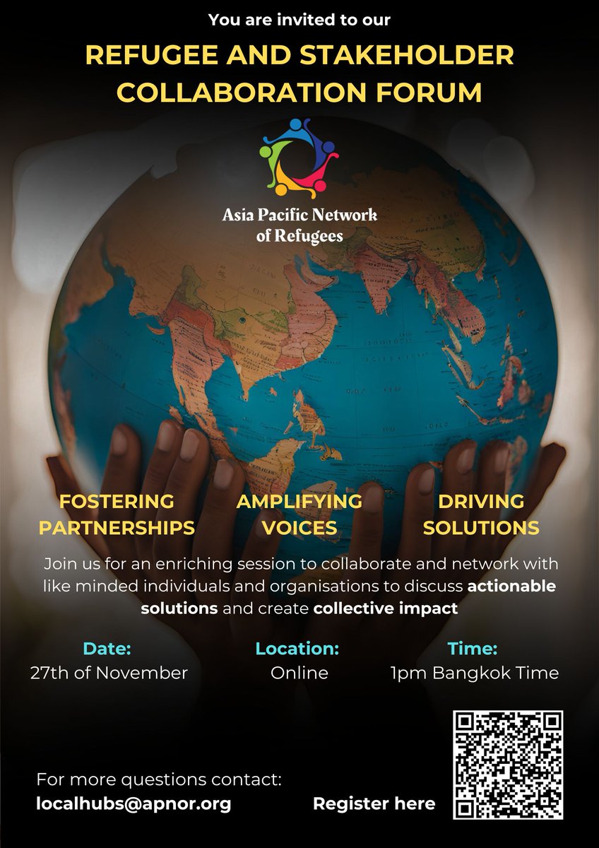 Asia Pacific Network of Refugees (@apnorefugees) on Twitter photo Join us at the Inter-Agency Collaboration Forum on Nov 27 at 1pm Bangkok time to foster partnerships with governments, NGOs, and more.
🔗: forms.gle/XKrpHtwWN3E9mu…
For info: localhubs@apnor.org
#AsiaPacific #Refugees #Partnerships #collaboration Join us at the Inter-Agency Collaboration Forum on Nov 27 at 1pm Bangkok time to foster partnerships with governments, NGOs, and more.
🔗: forms.gle/XKrpHtwWN3E9mu…
For info: localhubs@apnor.org
#AsiaPacific #Refugees #Partnerships #collaboration