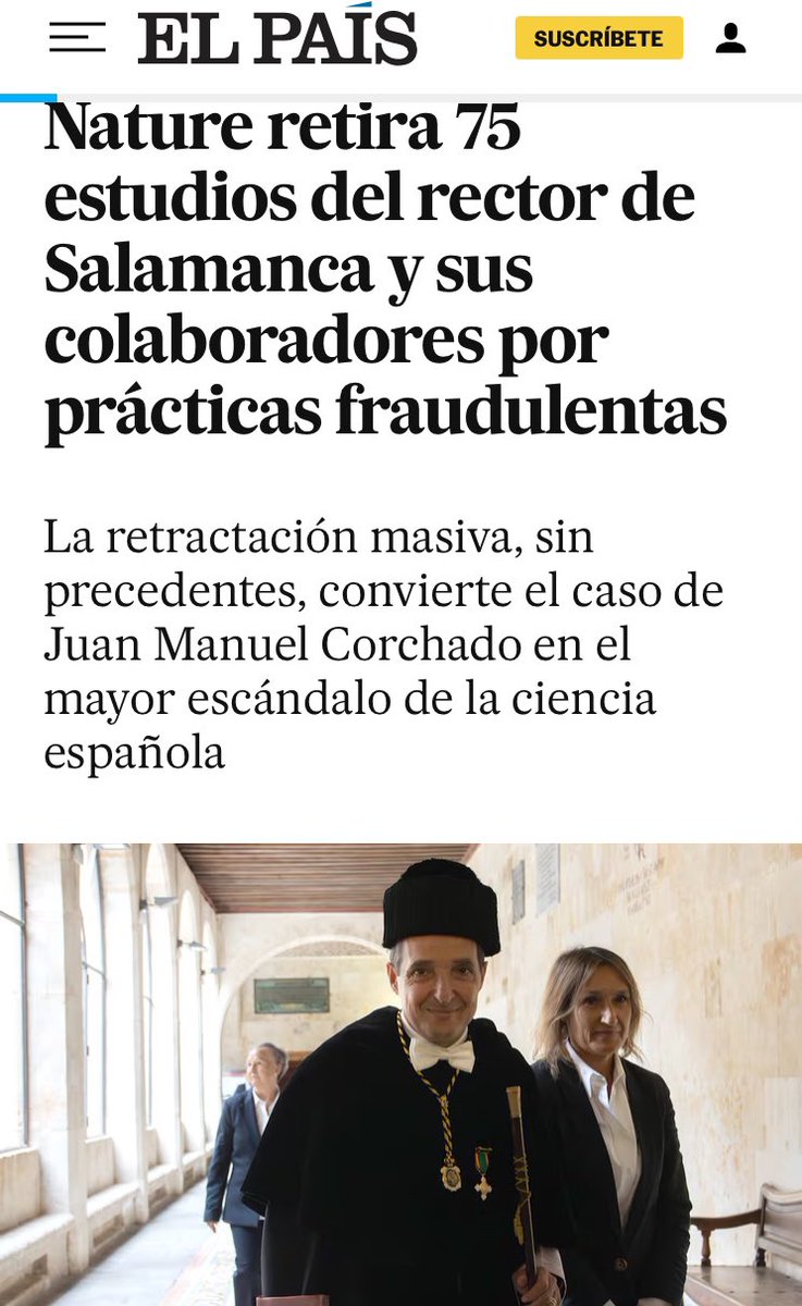 Oficina Española de Integridad en Investigación (@ointegridadesp) on Twitter photo ‼️75 retractaciones‼️
Un caso sin precedentes.
Esto no debería sostenerse ni un día más.
Si estos días el claustro no presenta una propuesta para censurar a su rector, el desprestigio será aún mayor.
Enhorabuena a <a href="/manuelansede/">Manuel Ansede</a> por su trabajo.
elpais.com/ciencia/2024-1… ‼️75 retractaciones‼️
Un caso sin precedentes.
Esto no debería sostenerse ni un día más.
Si estos días el claustro no presenta una propuesta para censurar a su rector, el desprestigio será aún mayor.
Enhorabuena a <a href="/manuelansede/">Manuel Ansede</a> por su trabajo.
elpais.com/ciencia/2024-1…