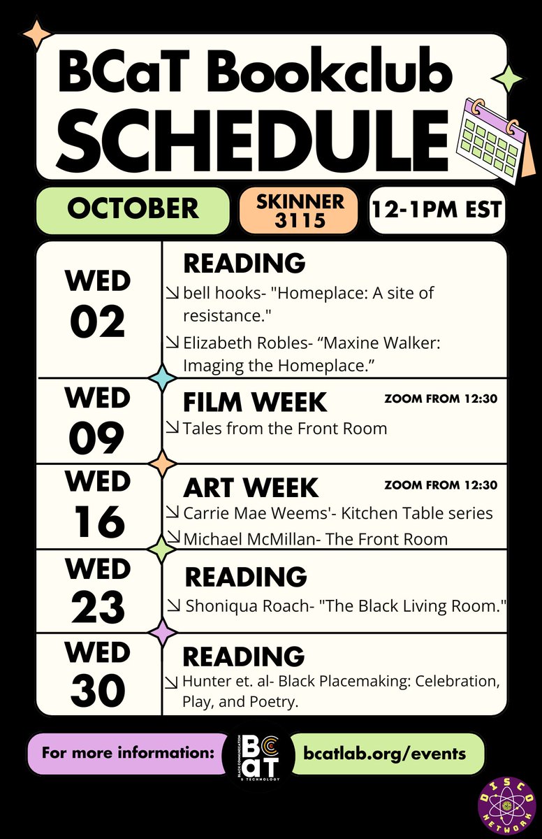 BCaT_DISCO's tweet photo. We have 2 more sessions of BCaT Bookclub for October!

Join us on Zoom or at Skinner 3115 at 12 pm for our reading or at 12:30 pm EST for the discussion portion!

Materials are available for download and Zoom link are in the link in our bio! 📚 https://t.co/LfJZ6cpxec
