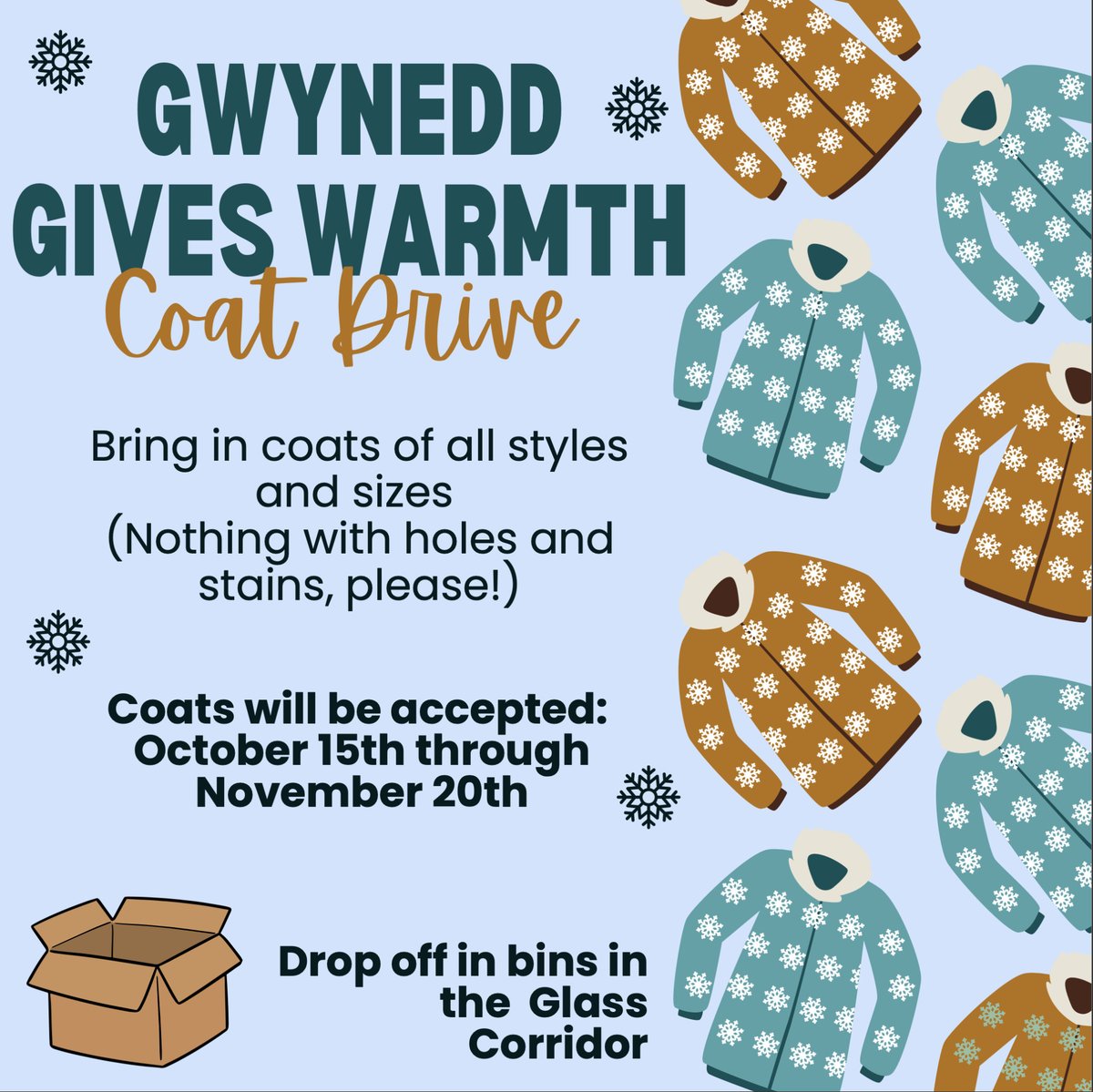 GMAHighSchool's tweet photo. Join us in giving warmth to those in need this winter! Donate gently used coats and jackets to the "GWYNEDD GIVES WARMTH" Coat Drive. Collection bins are conveniently located in the Gwynedd Mercy halls. Donations will be accepted until Nov. 20. #LEAD4Change #Inspire_Mercy https://t.co/bHGkpboTVY
