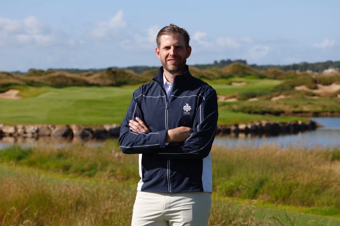 TrumpGolf's tweet photo. From shaping world-class courses to fostering a legacy of excellence across our entire portfolio, Eric Trump’s leadership has driven #TrumpGolf to new heights. Today, we celebrate his vision and commitment to creating unforgettable experiences on and off the course. Happy #NationalBossDay, @EricTrump!