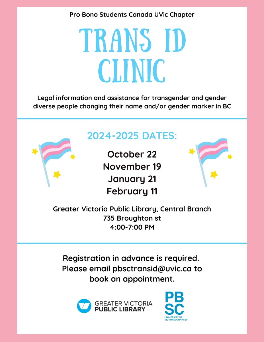 🏳️‍⚧️ Trans ID Clinics 🏳️‍⚧️

Registration in advance is required.
📧 pbsctransid@uvic.ca 

Legal information and assistance for transgender and gender-diverse people changing their name and/or gender marker in BC.

#uvic #yyj #trans