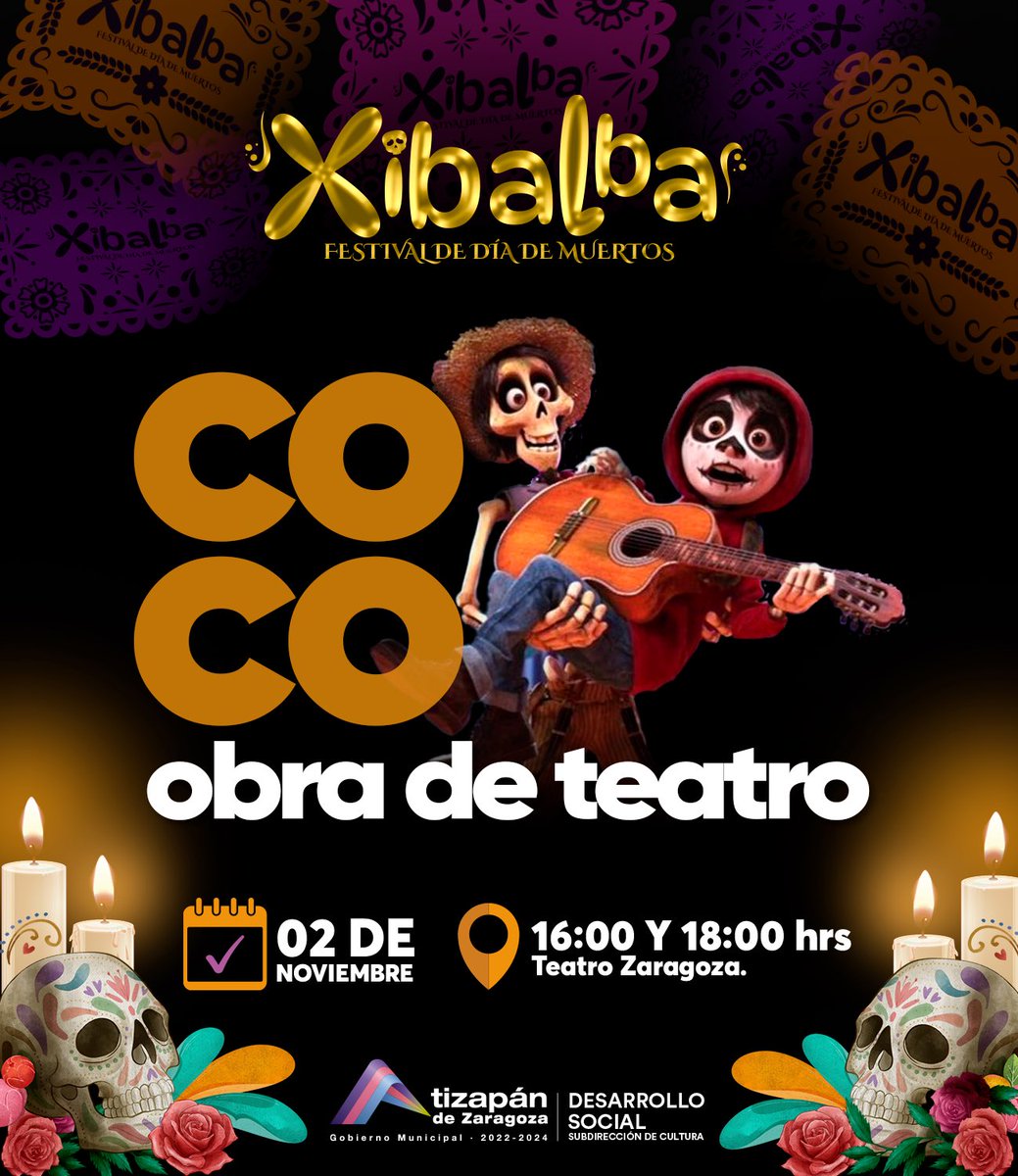 GobAtizapan's tweet photo. ¡Celebra con nosotros el Día de Muertos y disfruta del Gran Musical de Coco! 🤩🎼

Te esperamos junto con toda tu familia este próximo sábado 02 de noviembre en el teatro Zaragoza. ¡Totalmente gratis y en vivo! 🙌🏻

#UnidosDamosMejoresResultados https://t.co/wSrF9v0wav