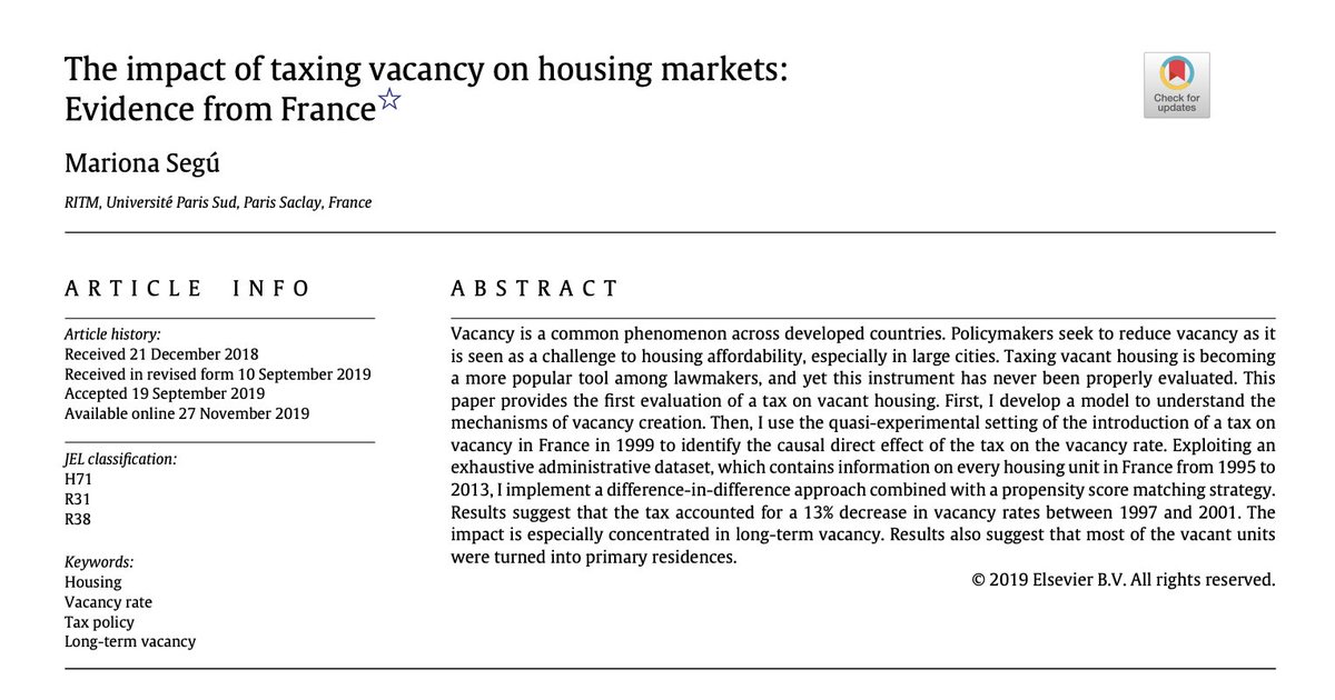 Recordatorio: el establecimiento de un impuesto a viviendas vacías en Francia redujo un 13% su número, con lo que aumentó la oferta (sobre todo en mercado largo plazo) y no redujo la nueva construcción en los municipios donde se estableció el impuesto.

sciencedirect.com/science/articl…