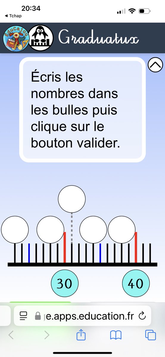 🙏A. Champollion
Graduatux est une application libre qui permet de travailler le repérage sur la droite numérique. Une droite décimale est affichée, avec seulement deux nombres apparents, et cinq à renseigner par l'élève.

educajou.forge.apps.education.fr/graduatux