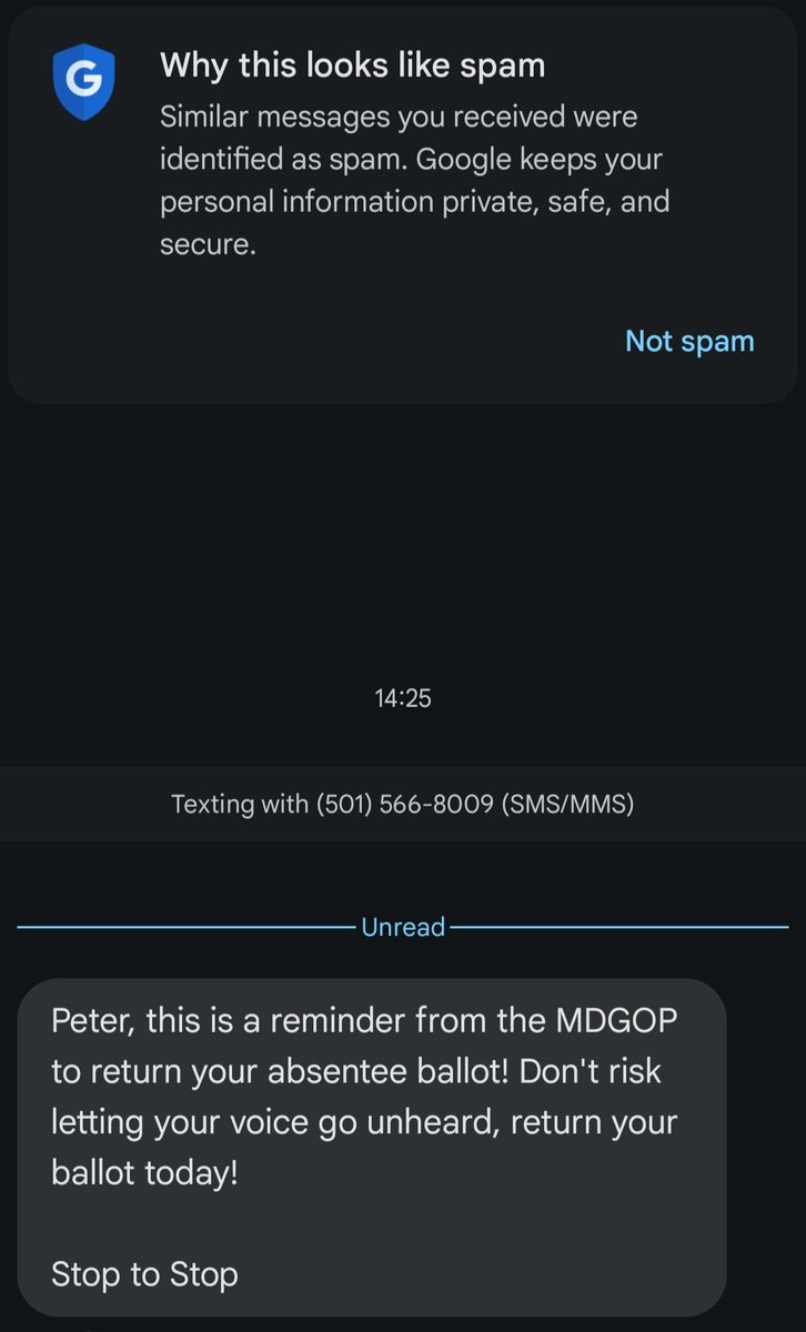 PeteFourwinds's tweet photo. Just got this text from @MDGOP. It got flagged as spam, and I chose not to mark it safe. Fuck off and forget my number ever existed! https://t.co/zZeQNtBJyI