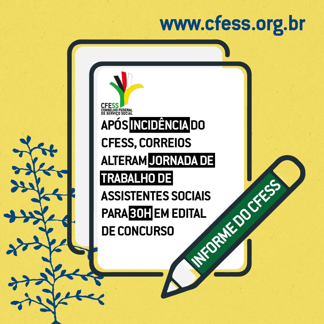 CfessOficial's tweet photo. 📣📣 Tem notícia boa: após incidência do CFESS, Correios alteram jornada de trabalho de assistentes sociais para 30h no edital do concurso público!
📍📲 Saiba mais em nosso site: https://t.co/IxXJP6hHis
#Concurso #Correios #Brasil #AssistenteSocial https://t.co/9eZA8zIy8C