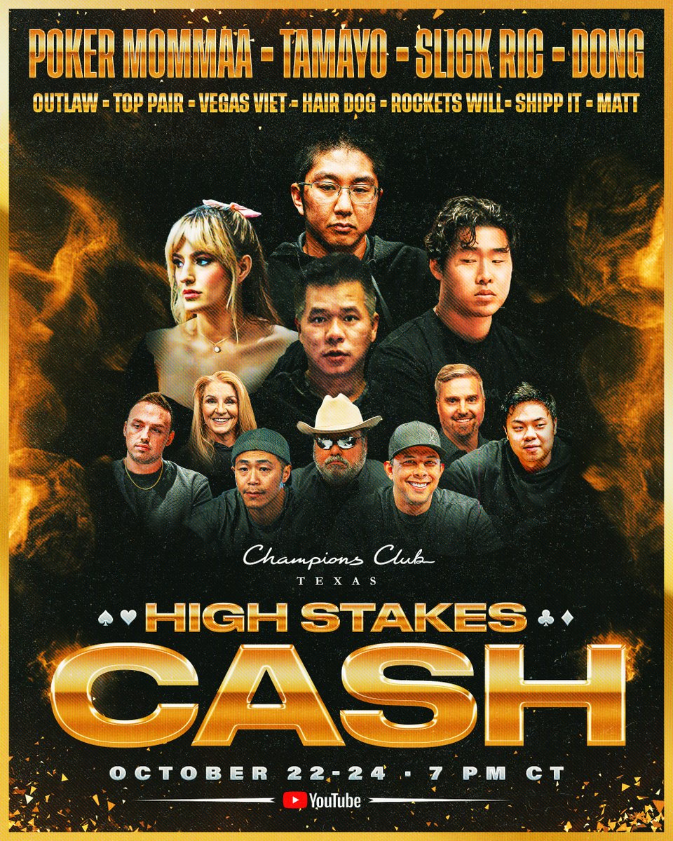 We’re bringing some of the biggest names for High Stakes Cash October 22-24 featuring 2024 WSOP Main Event Champion Jonathan Tamayo (<a href="/driverseati/">Jonathan Tamayo</a>), <a href="/PokerMommaa/">Kasey Lyn Mills</a>, <a href="/slickricpoker/">Slick Ric</a>, Dallas Dong, Rockets Will, <a href="/VegasViet/">Vegas Viet</a>,  Matt (<a href="/WeltisGames/">Matt Liu</a>), Outlaw &amp; more!

Each night starting at 7