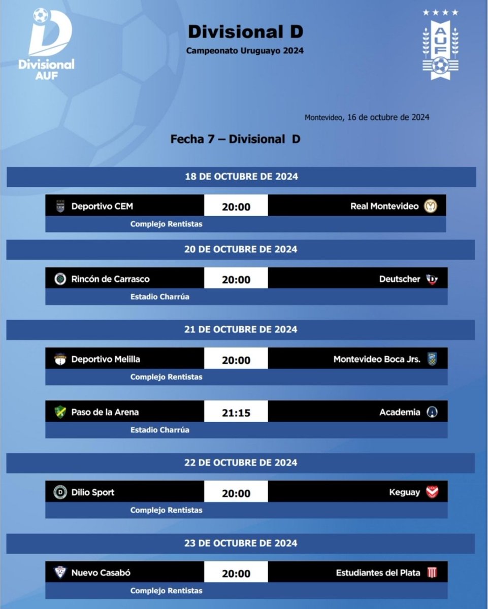 👉 𝐒𝐞 𝐯𝐢𝐞𝐧𝐞 𝐥𝐚 𝐬𝐢𝐞𝟕𝐞

La Mesa Ejecutiva fijó los detalles de la Fecha 7 del Campeonato de la #DivisionalD.