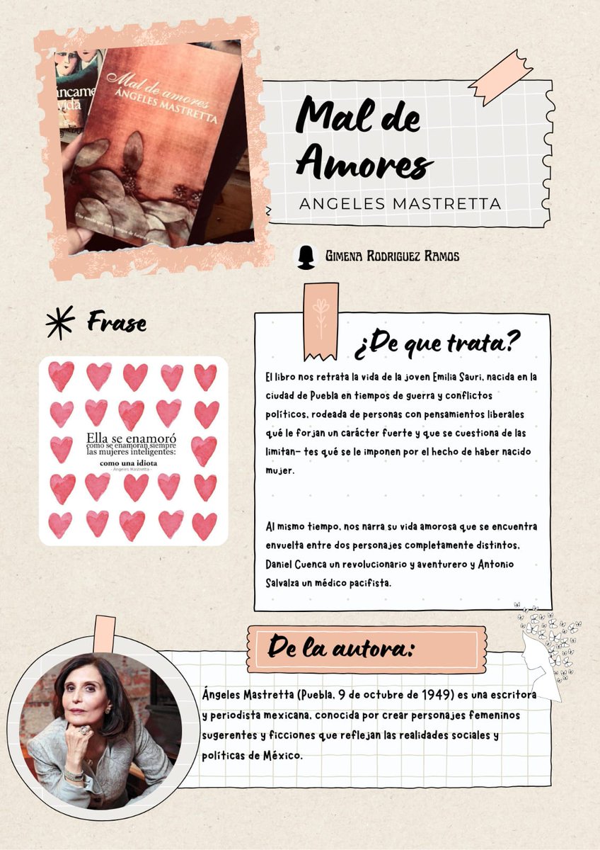 Normal4Bibl's tweet photo. "La capacidad y gusto por la lectura da acceso a lo que ya ha sido descubierto por otros". De Abraham Lincoln. La Biblioteca Gregorio Torres Quintero,  te invita a explorar el libro “Mal de amores” de Angeles Mastretta. Analizada por la alumna Gimena Rodriguez Ramos. https://t.co/u9Rb22NFAW