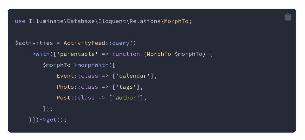 TIL <a href="/laravelphp/">Laravel</a> has a morphWith method to allow nested eager load on morphed relations. Pretty neat. 👍

laravel.com/docs/11.x/eloq…