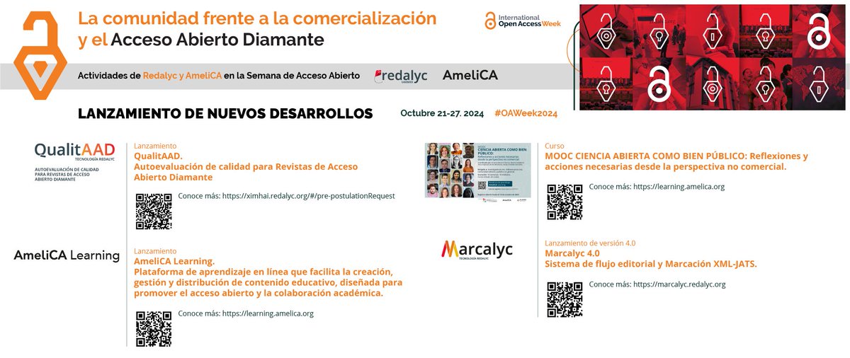 🟠 Lanzamiento de Nuevos Desarrollos <a href="/Redalyc/">Redalyc</a> @AmeliCA en #OAWeek 2024:

1️⃣ #QualitAAD: Autoevaluación de calidad para Revistas #AADiamante.
2️⃣ #AmeliCALearning: Plataforma de aprendizaje.
3️⃣ MOOC| Ciencia Abierta como Bien Público.
4️⃣ #Marcalyc 4.0

¡No esperes más y conócelos!