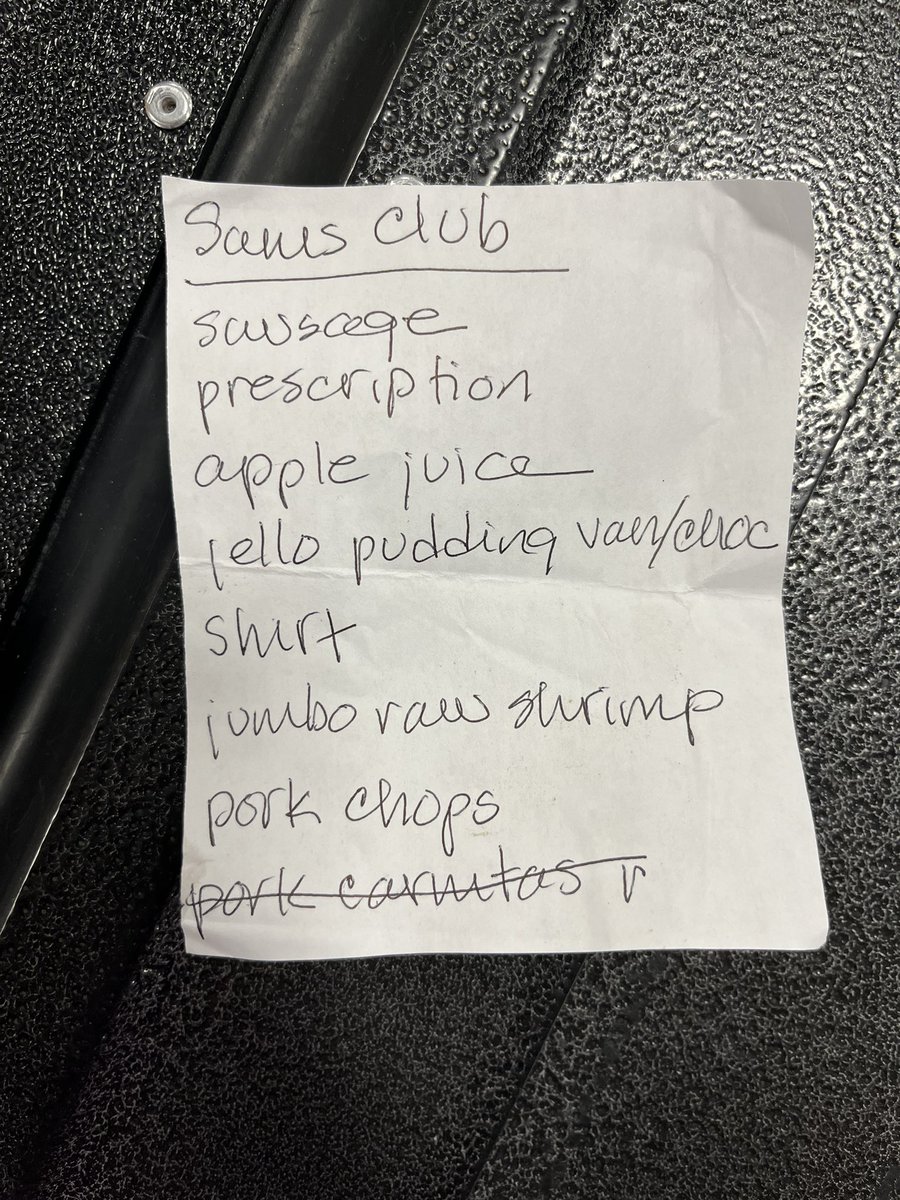 StrangeAshley's tweet photo. @josephbirdsong I work at Sam’s Club, and found this shopping list on the floor someone dropped, and laughed WAY too hard at the first item - #SausageSleuths 😂 https://t.co/b9Hbi3zsaU