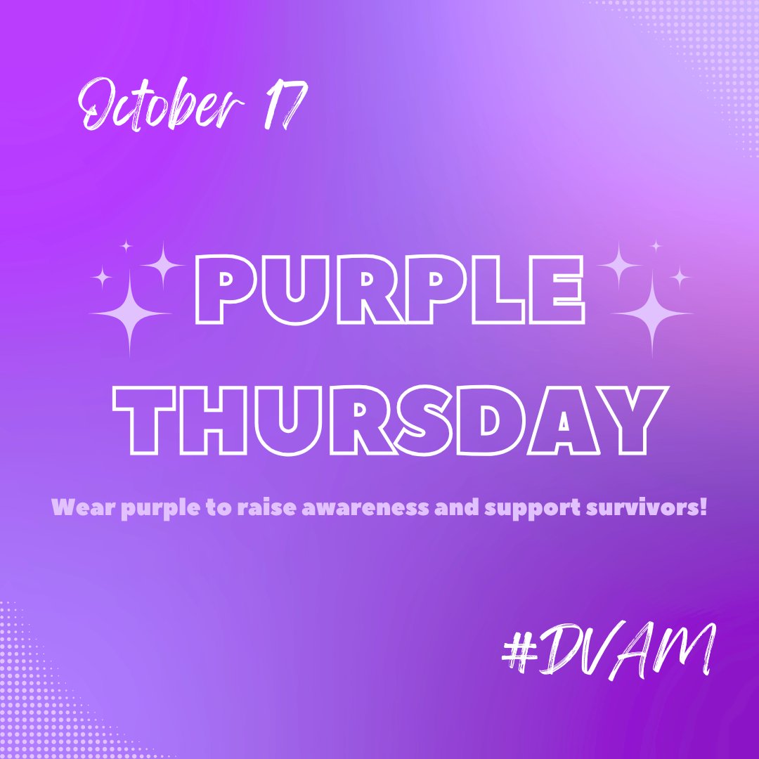 dvrcinc's tweet photo. ✨ Tomorrow is Puple Thursday! ✨

Make sure to wear your purple to raise awareness and support survivors of domestic violence. 💜 https://t.co/ZMG8xNeafw