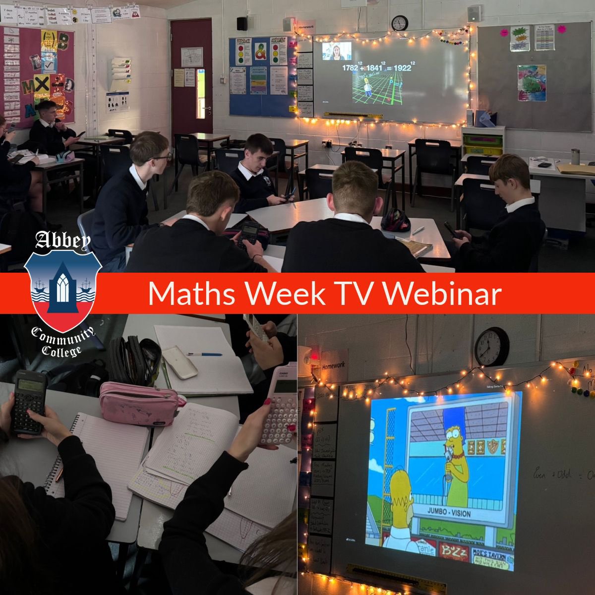AbbeyCC_wd's tweet photo. 5th year students attended a webinar today hosted by Maths Week TV. Zoe Griffith gave an interactive talk on ‘The Maths of the Simpsons’. #mathsweekireland @mathsweek @KCETB_Schools https://t.co/KlYFicWavk
